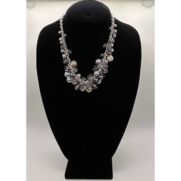 Cha-Cha Necklace Silver-tone Grey Colored Beads Chain Chunky Statement - Picture 4 of 7